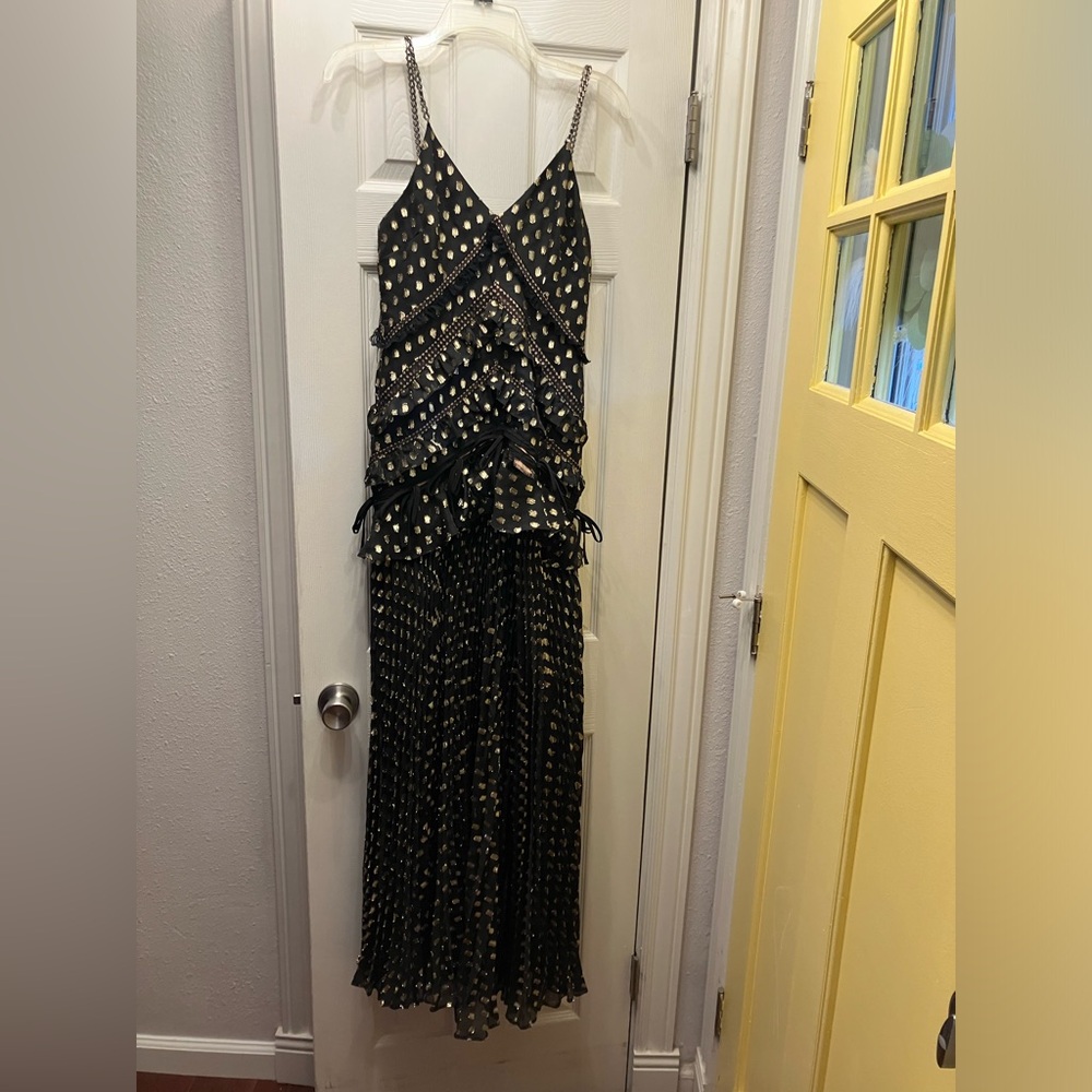 SELF PORTRAIT metallic pleated maxi dress Sz 2 IMPERFECT